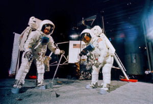 Apollo 11 astronauts Buzz Aldrin (L) and Neil Armstrong during a training session for their lunar EVA at NASA's Mission Control Center in Houston, Texas, June 5, 1969. Courtesy NASA/Handout via REUTERS ATTENTION EDITORS - THIS IMAGE WAS PROVIDED BY A THIRD PARTY.